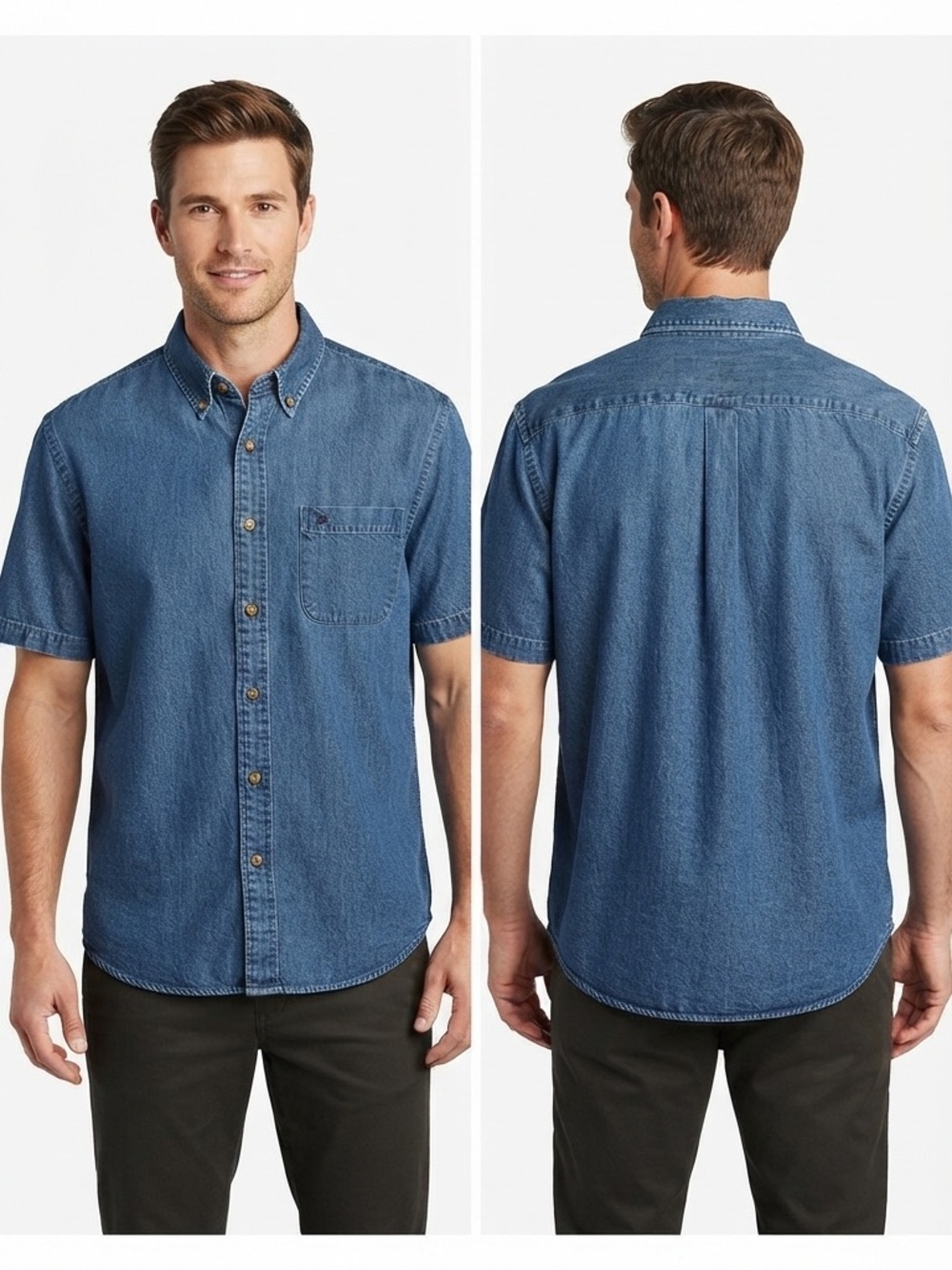 Vintage Eddie Bauer Mens Denim Blue Button Down Short Sleeve Shirt NWT Size L
